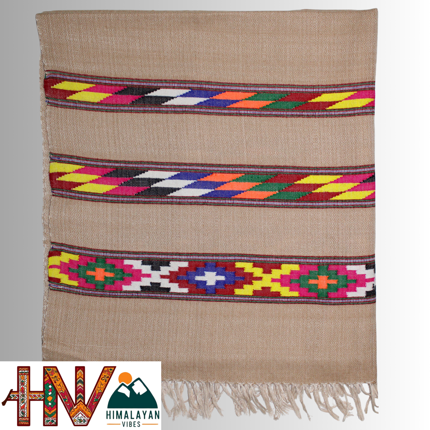 Handwoven Beige Kullu Shawl – With Intricate Design 3 Patti & Traditional Himalayan Craftsmanship