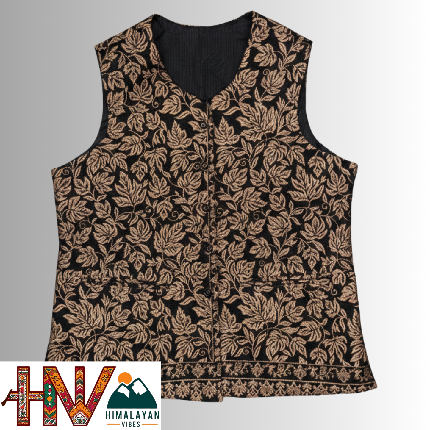 Women Shawl Black Color Himachali Sadri with floral pattern – Traditional Waistcoat by Himalayan Vibes