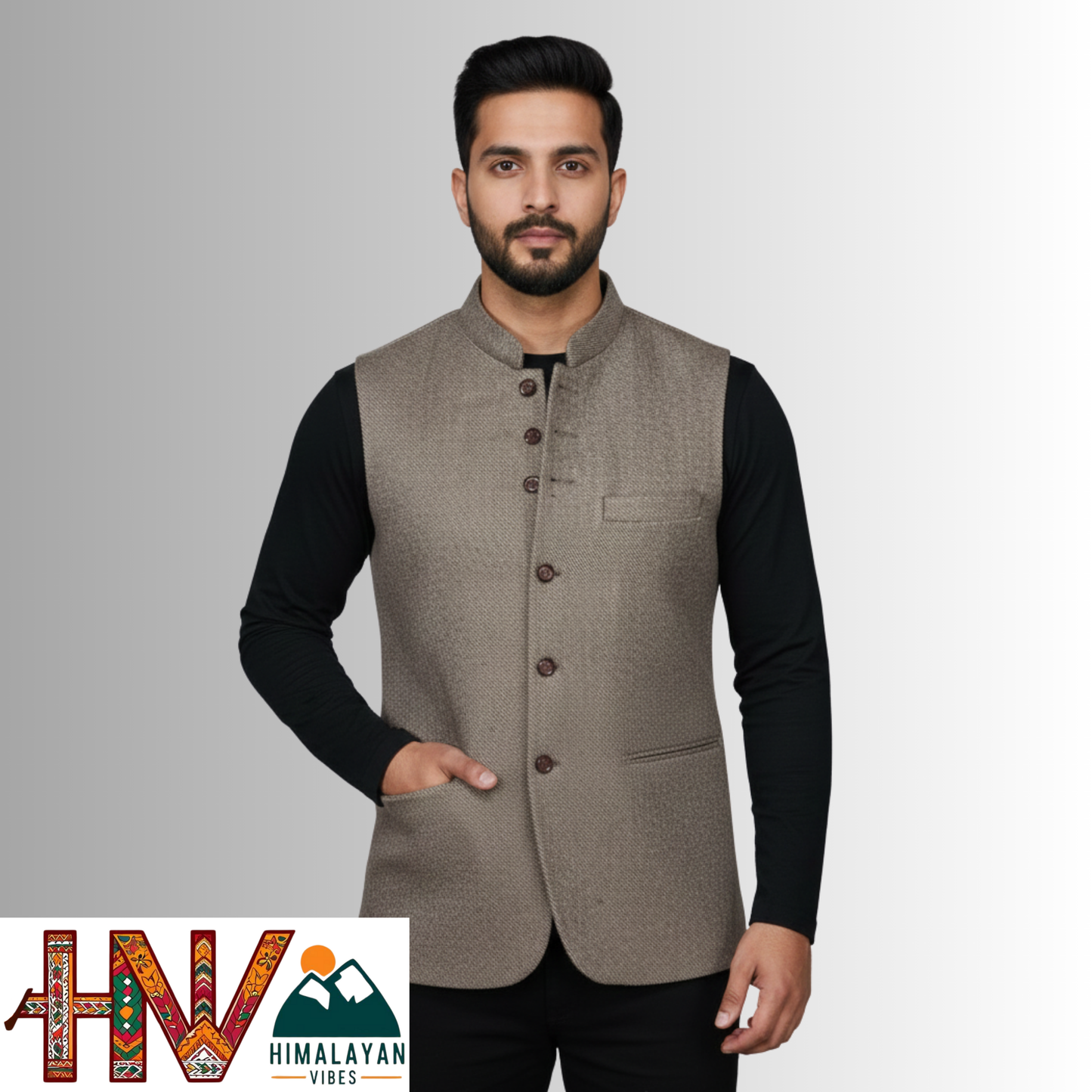 Handcrafted Taupe Brown Woolen Jacket for Men | Traditional Himachali Craft | Stylish Winter & Formal Wear