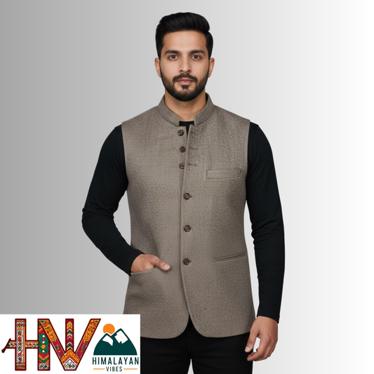 Handcrafted Taupe Brown Woolen Jacket for Men | Traditional Himachali Craft | Stylish Winter & Formal Wear