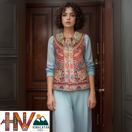 Women Pashmina Blend Red Himachali Sadri – Colorful Traditional Waistcoat by Himalayan Vibes