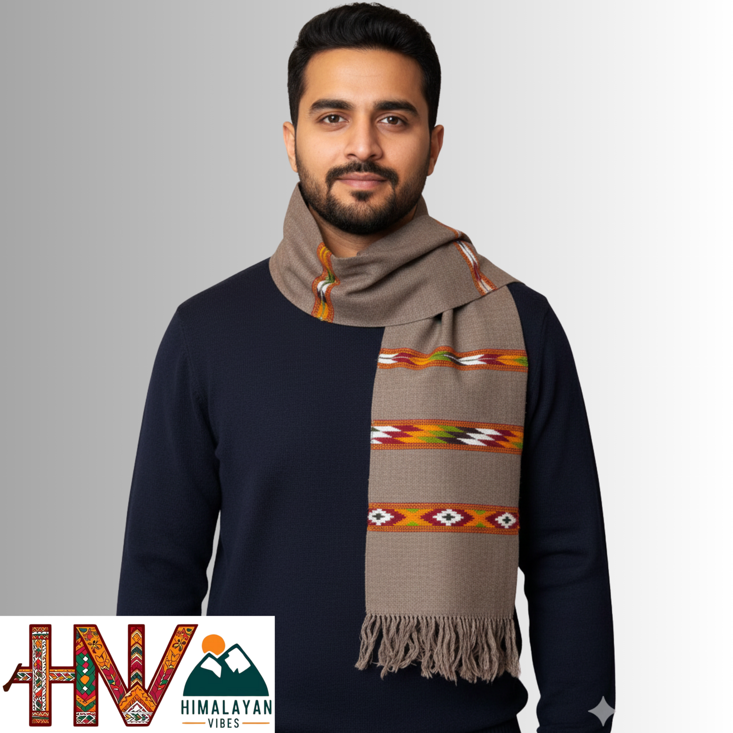 Handwoven Grey Woolen Muffler | Triple Kullu Patti Traditional Geometric Design By Himalayan Vibes