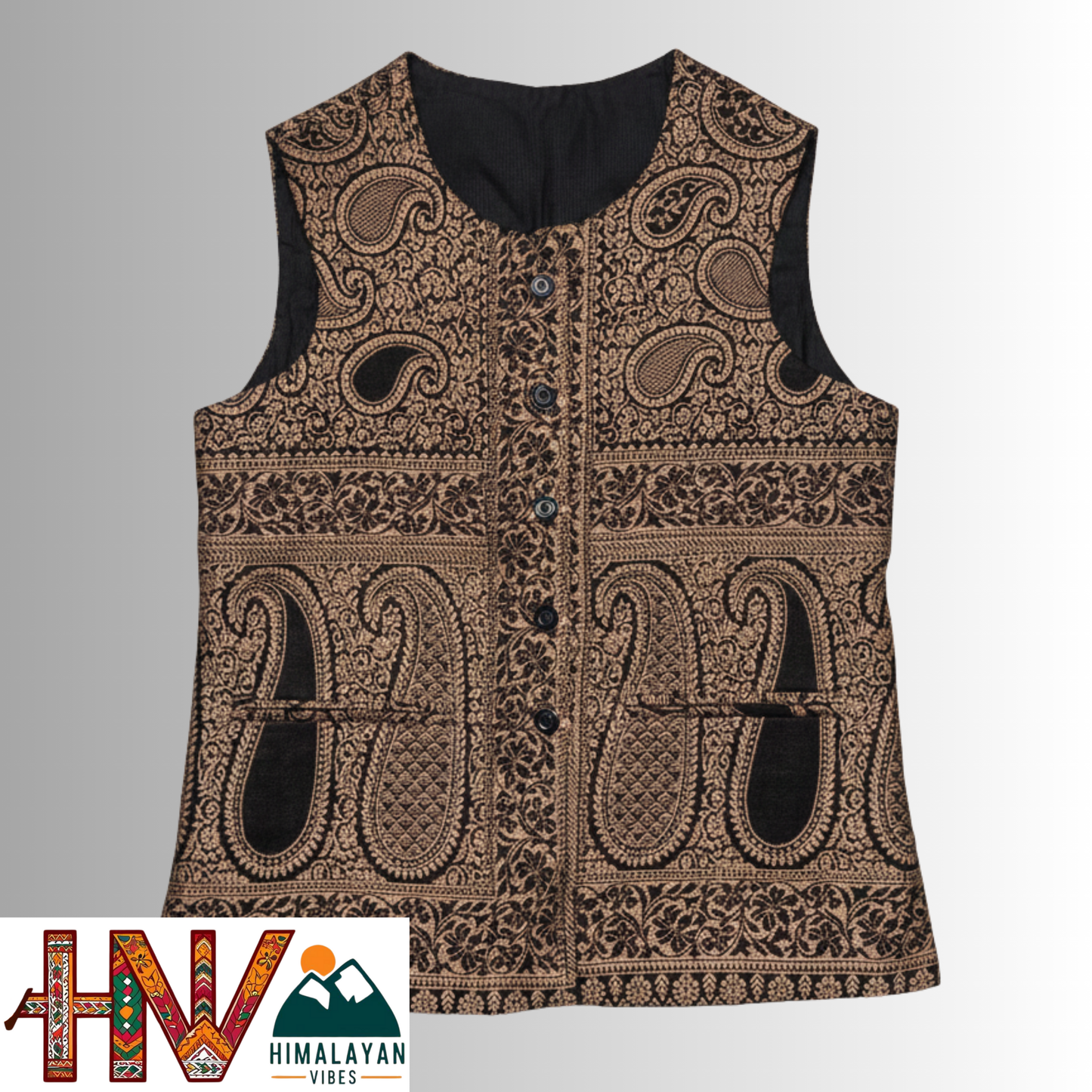 Women Shawl Black Color Himachali Sadri with dense floral pattern – Traditional Waistcoat by Himalayan Vibes