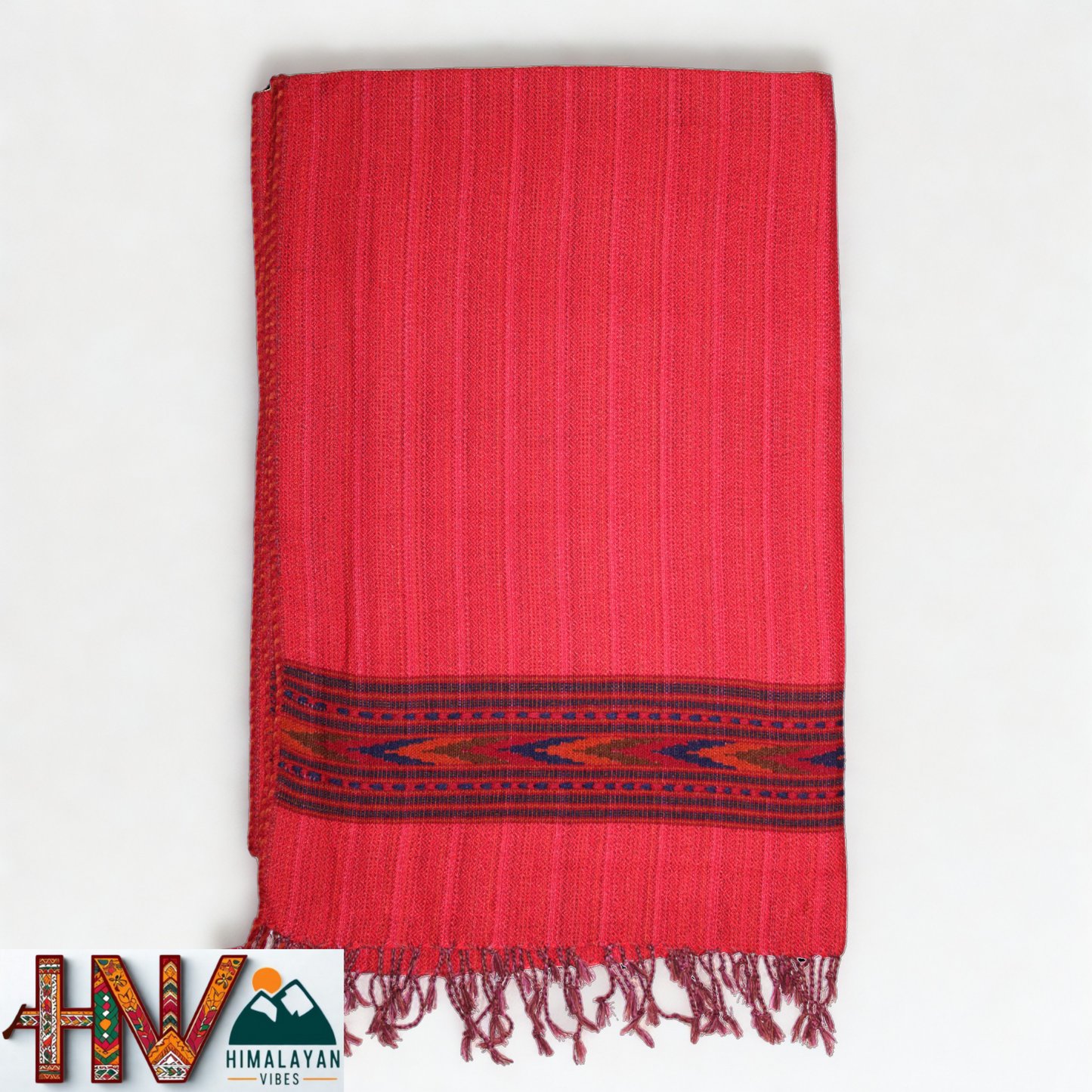 Handwoven Himalayan Red Wool Stole – Red & Blue Striped with Geometric Motif Border