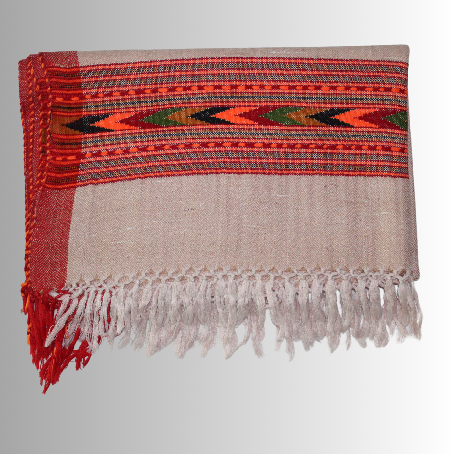Handwoven Himalayan Light Caramel Wool Stole – Red & Orange Striped with Geometric Motif Border By Himalayan Vibes