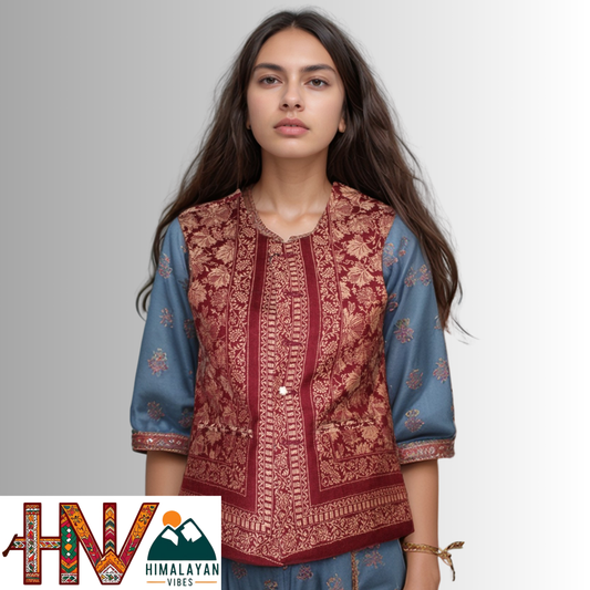 Women Pashmina Blend Red Color Himachali Sadri with Leaf pattern – Traditional Waistcoat by Himalayan Vibes