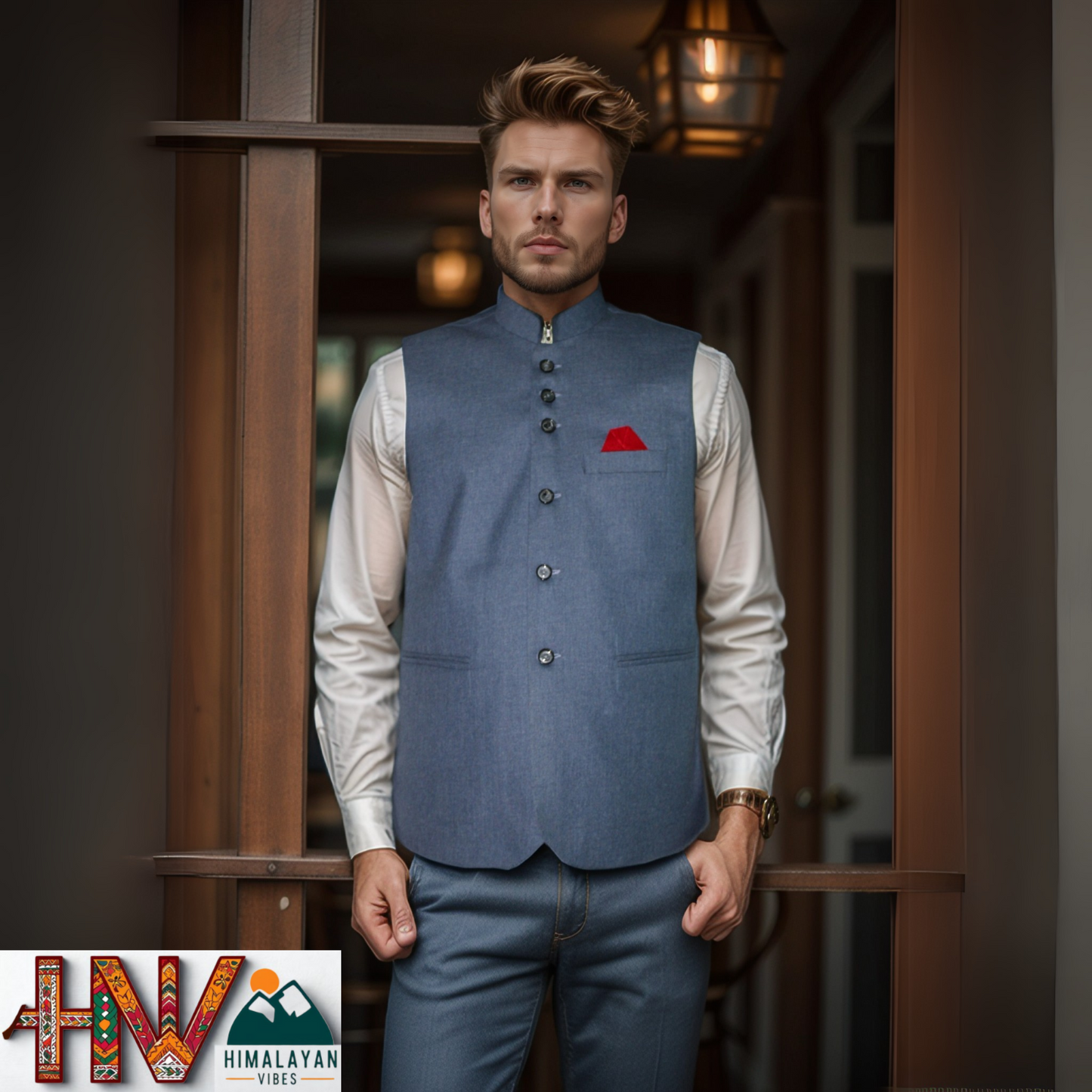 Himalayan Breeze Blue Sleeveless Jacket – Traditional Craft, Modern Style