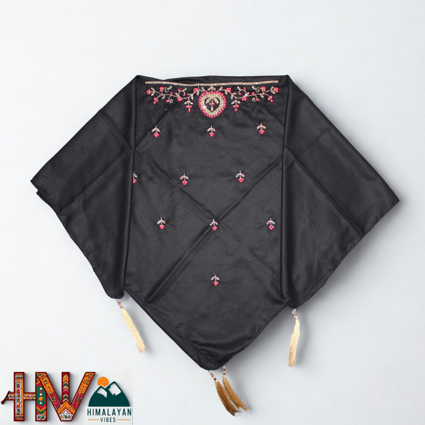 Handcrafted Himachali Black Rayon Dhatu with Red and Gold Embroidery – A Unique Embroidered Head Scarf