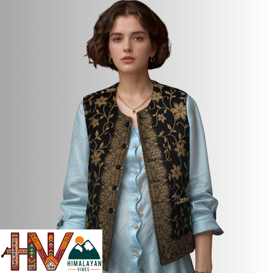Women Pashmina Blend Black Color Himachali Sadri with Flower pattern – Traditional Waistcoat by Himalayan Vibes