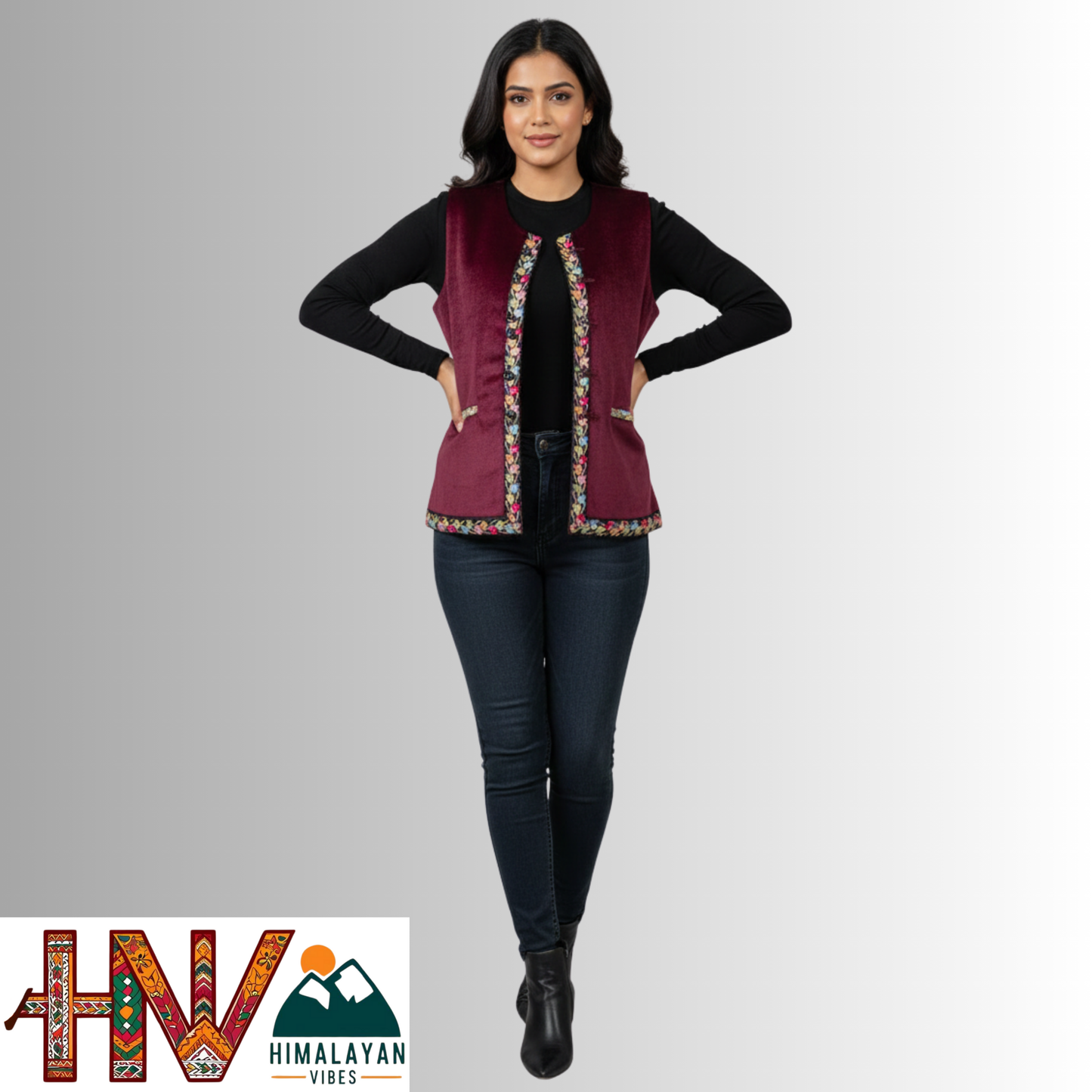 Himachali Maroon Sadri with embroidered Lace for Women - Martin Fabric Ethnic Half Jacket with Pockets