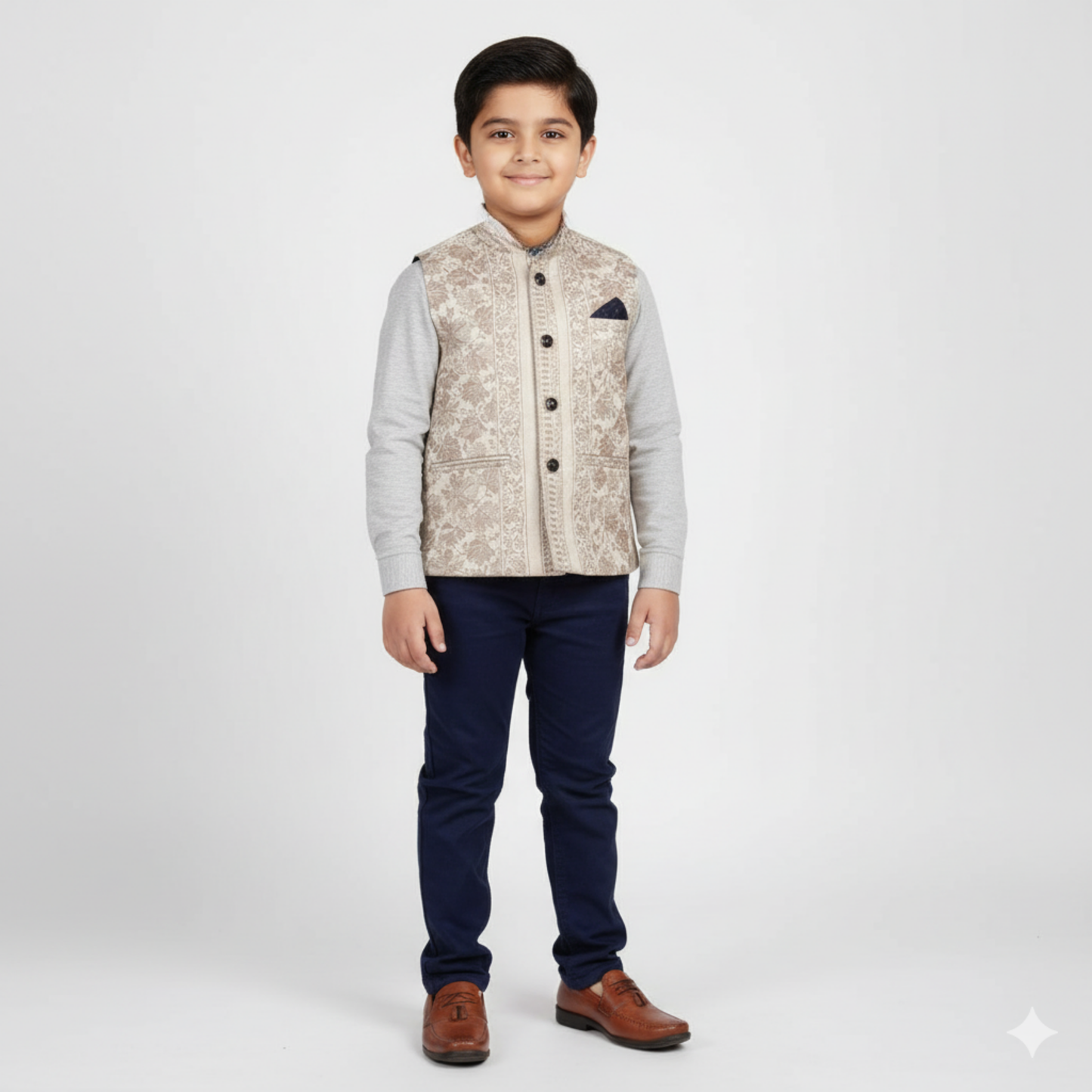 Authentic Mother-Daughter White Shawl Fabric Sadri Combo with Leaf pattern | Matching Floral Handloom Himachali Nehru Jacket Set