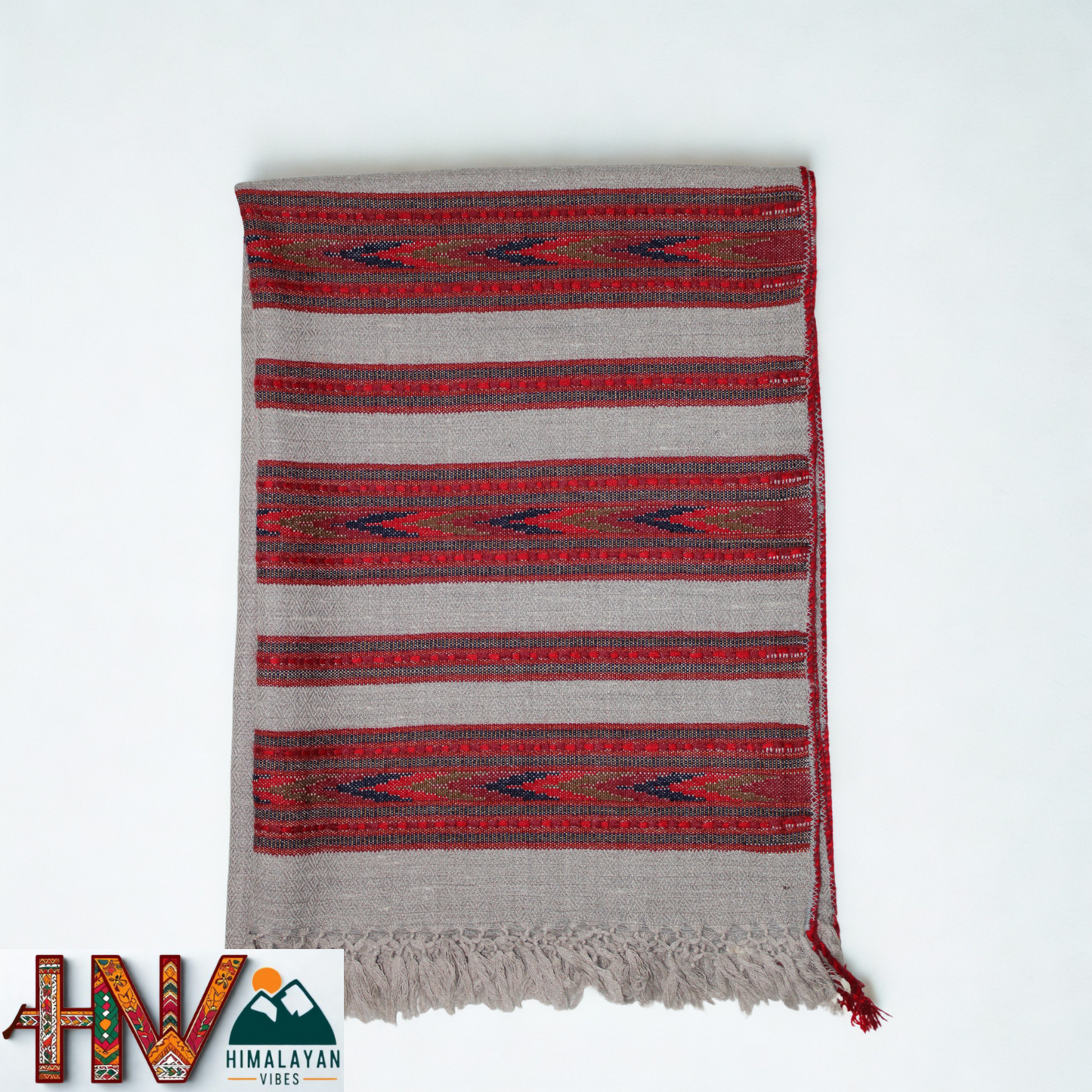 Handwoven Himalayan Grey Wool Stole – Red & Grey Striped with Geometric Motif Border