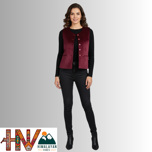 Himachali Plain Wine red Sadri for Women - Martin Fabric Ethnic Half Jacket with Pockets