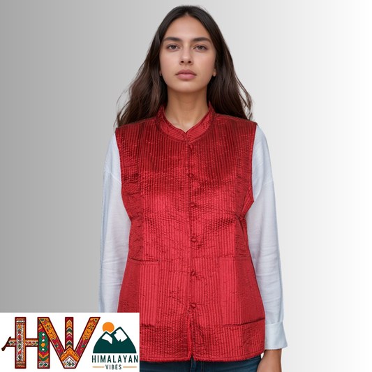 Reversible Red Silk Sadri for Women – Dual Look Ethnic Waistcoat | Floral & Solid Textured Design by Himalayan Vibes