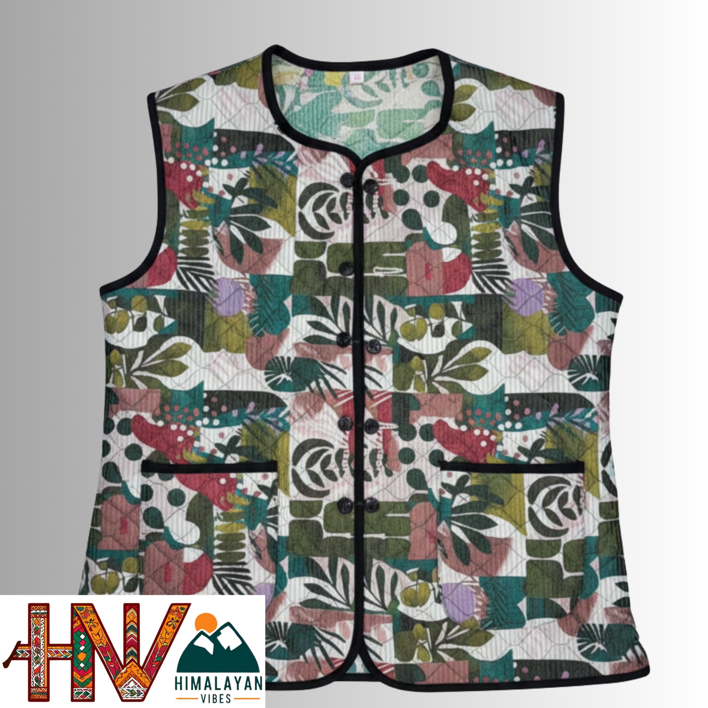 Reversible Olive Green & Botanical Multicolor Sadri for Women – Dual Look Ethnic Waistcoat | Floral & Solid Textured Design by Himalayan Vibes