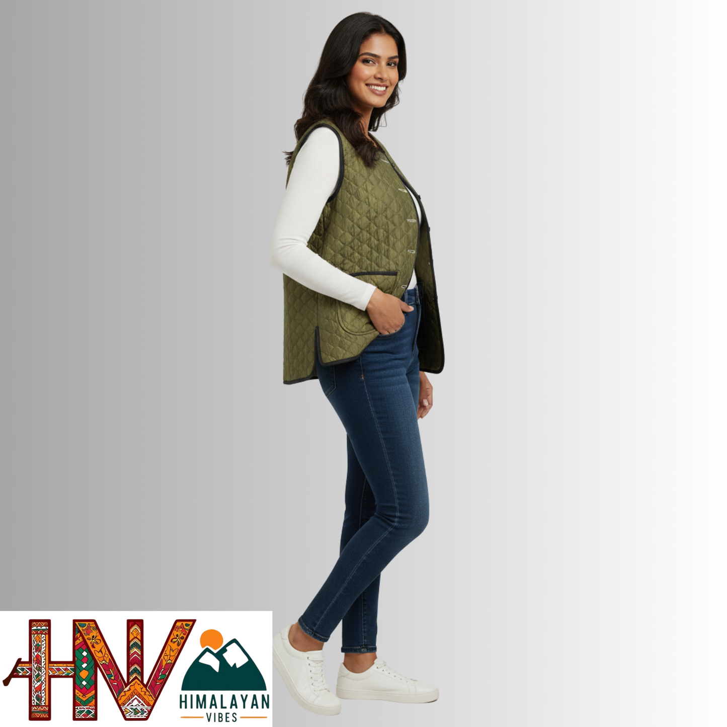 Reversible Olive Green & Botanical Multicolor Sadri for Women – Dual Look Ethnic Waistcoat | Floral & Solid Textured Design by Himalayan Vibes