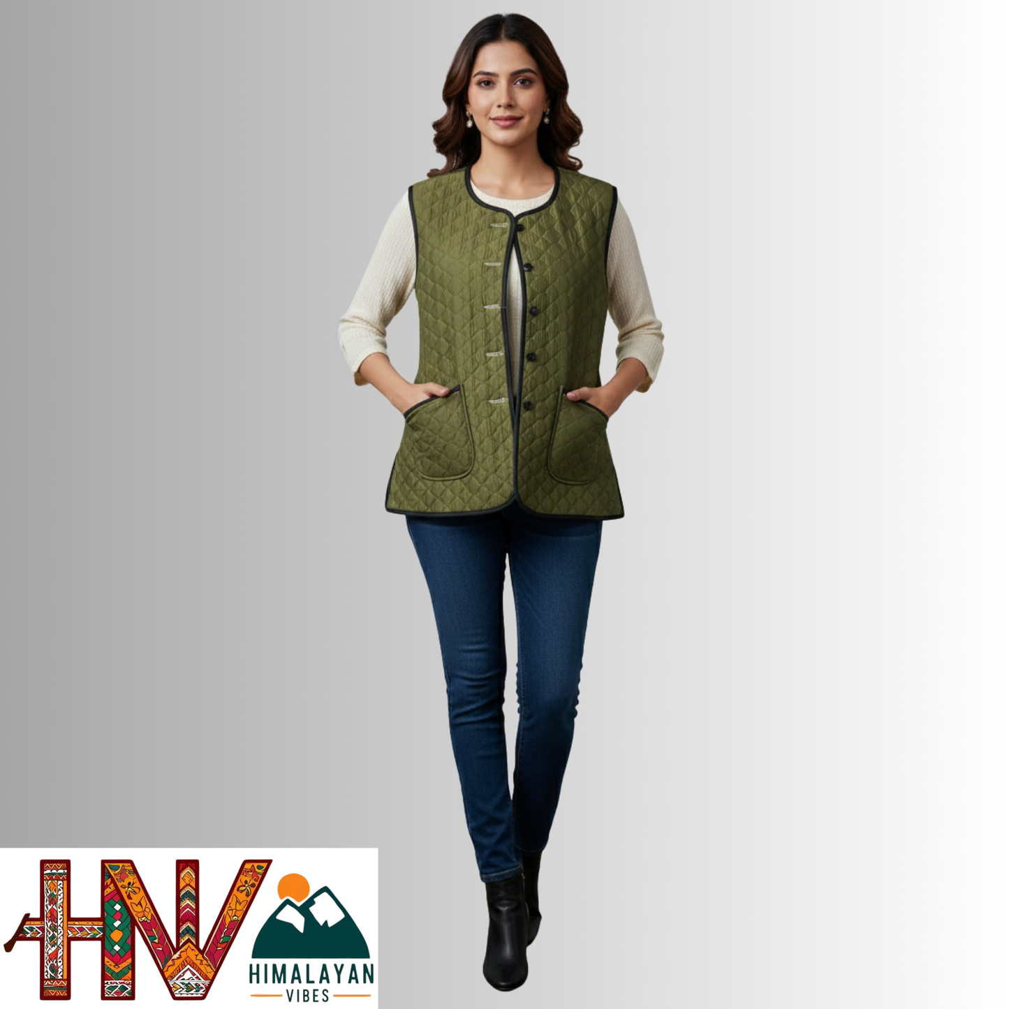 Reversible Olive Green & Botanical Multicolor Sadri for Women – Dual Look Ethnic Waistcoat | Floral & Solid Textured Design by Himalayan Vibes