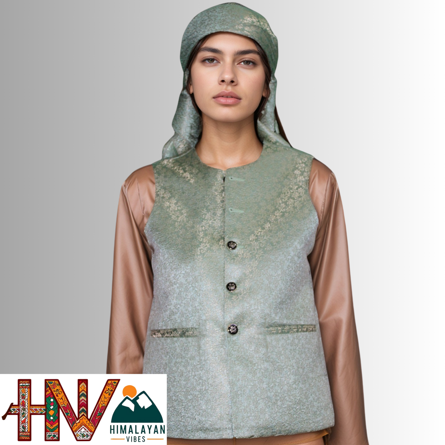 Himalayan Vibes Sea Green Brocade Sadri and Dhatu Combo