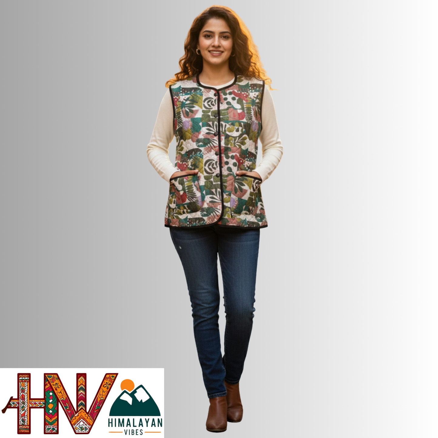 Reversible Olive Green & Botanical Multicolor Sadri for Women – Dual Look Ethnic Waistcoat | Floral & Solid Textured Design by Himalayan Vibes
