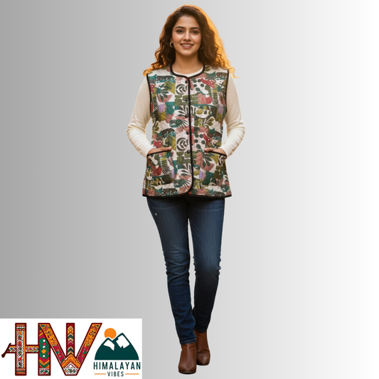 Reversible Olive Green & Botanical Multicolor Sadri for Women – Dual Look Ethnic Waistcoat | Floral & Solid Textured Design by Himalayan Vibes