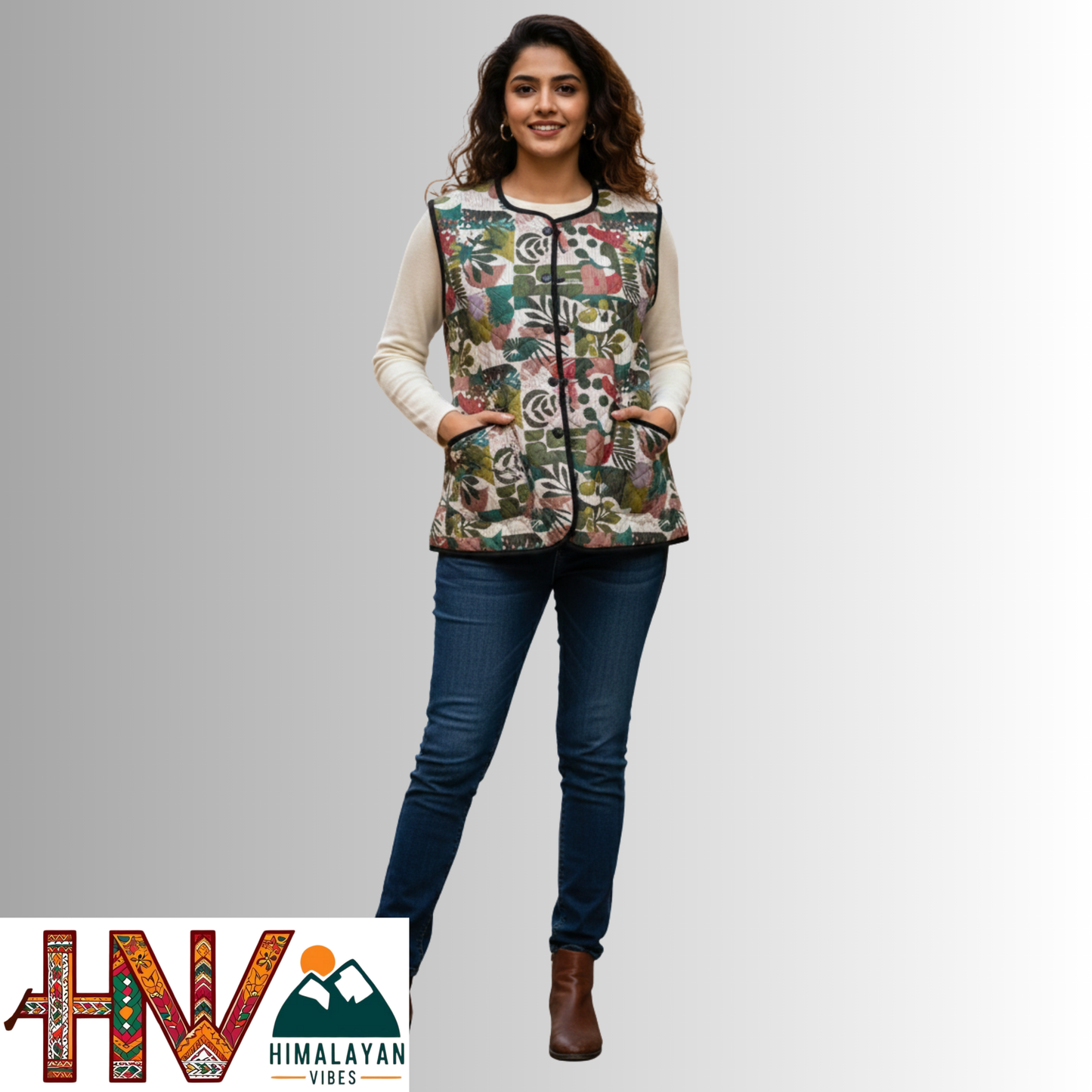 Reversible Olive Green & Botanical Multicolor Sadri for Women – Dual Look Ethnic Waistcoat | Floral & Solid Textured Design by Himalayan Vibes