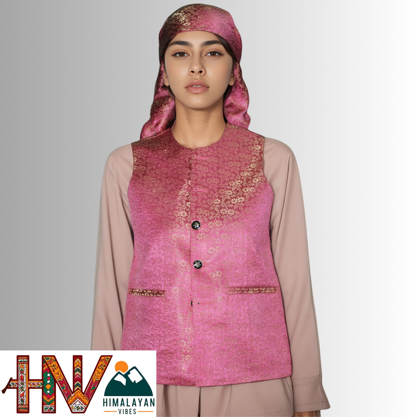 Himalayan Vibes Pink Brocade Sadri and Dhatu Combo
