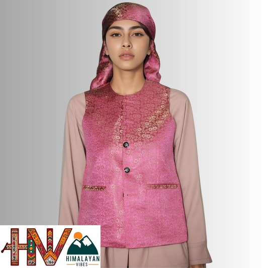 Himalayan Vibes Pink Brocade Sadri and Dhatu Combo