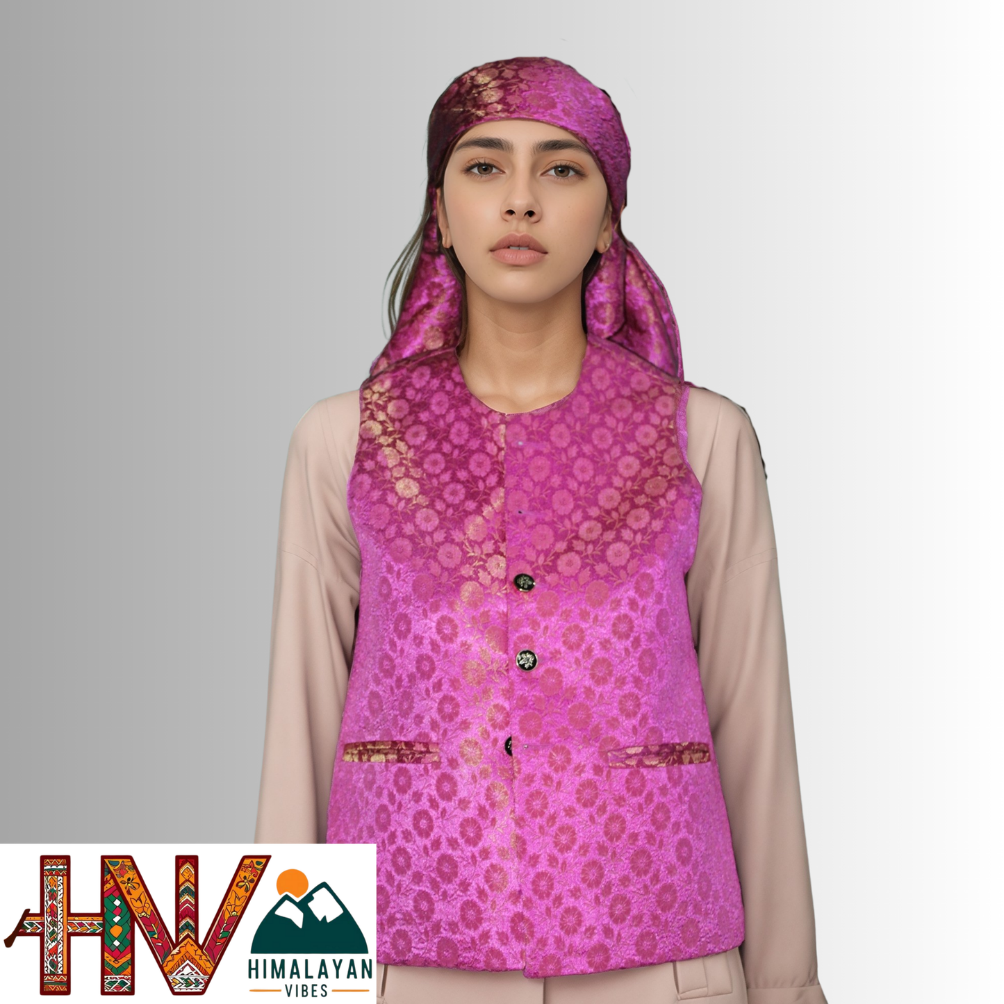 Himalayan Vibes Dark Pink Brocade Sadri and Dhatu Combo