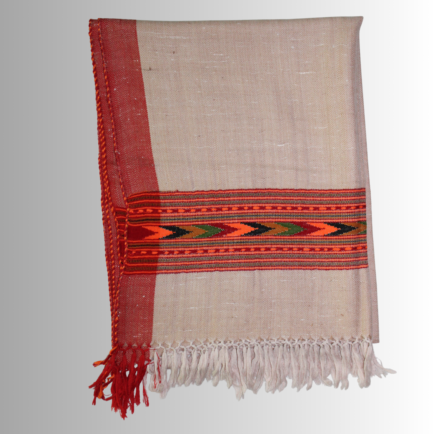 Handwoven Himalayan Light Caramel Wool Stole – Red & Orange Striped with Geometric Motif Border By Himalayan Vibes