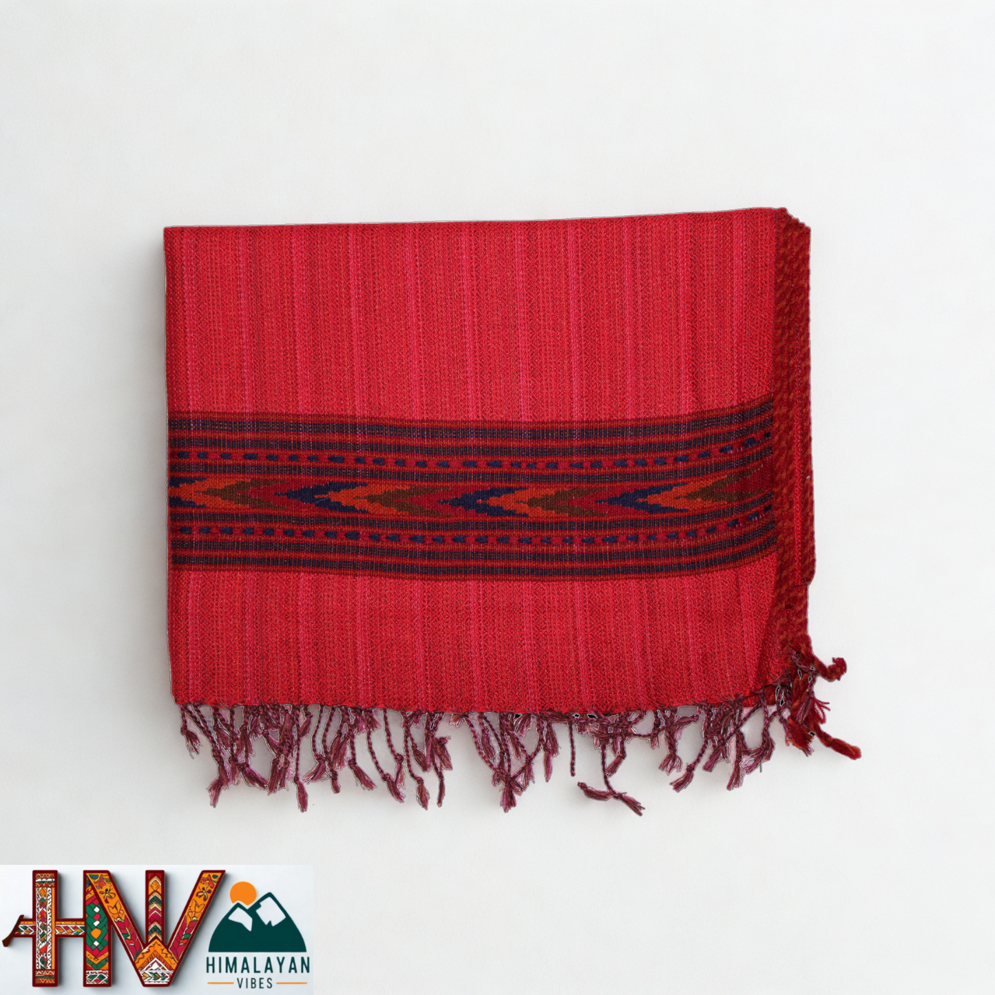 Handwoven Himalayan Red Wool Stole – Red & Blue Striped with Geometric Motif Border
