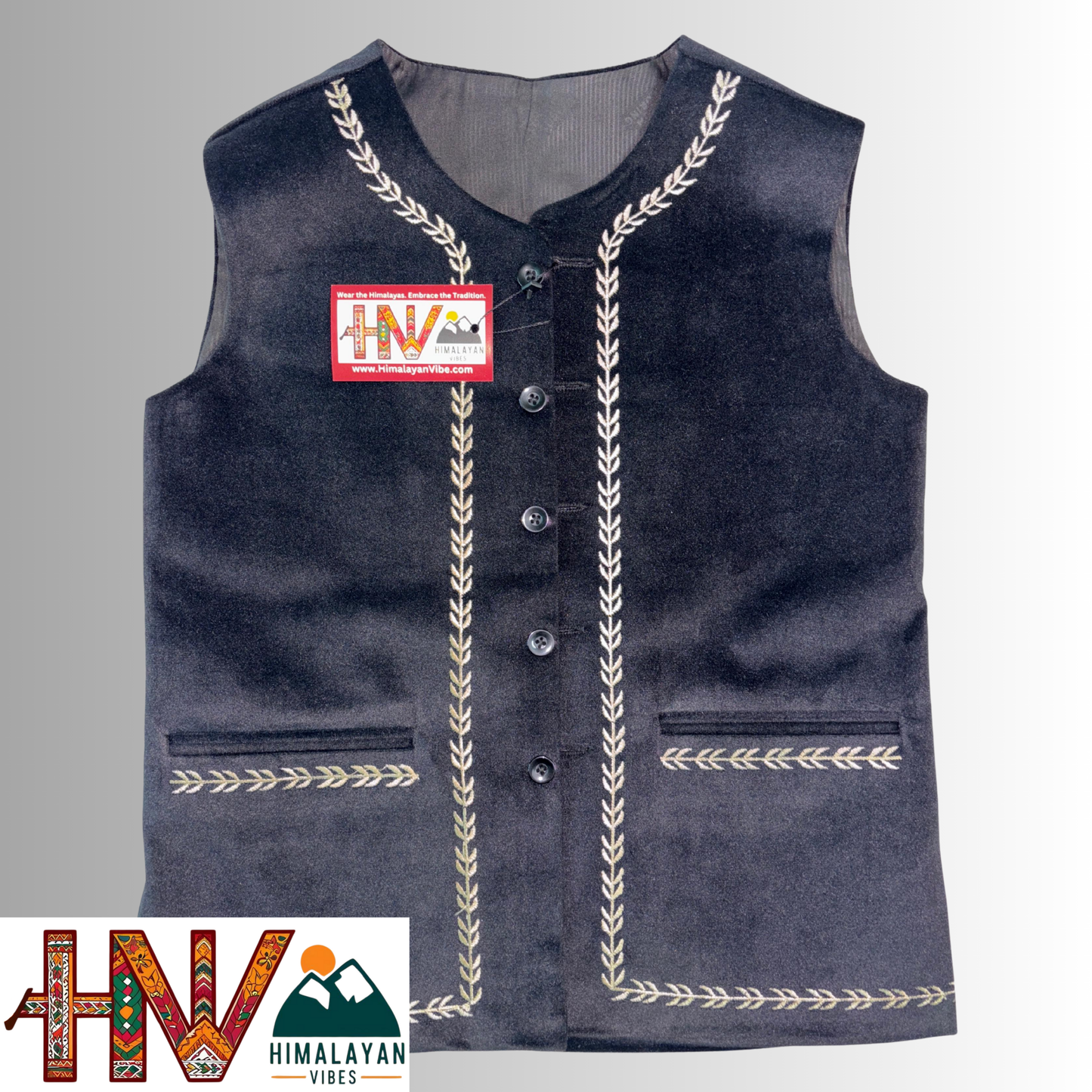 Handcrafted-Simple Embroidered Black Himachali Sadri (Jacket) for Women - Martin Fabric Ethnic Half Jacket with Pockets