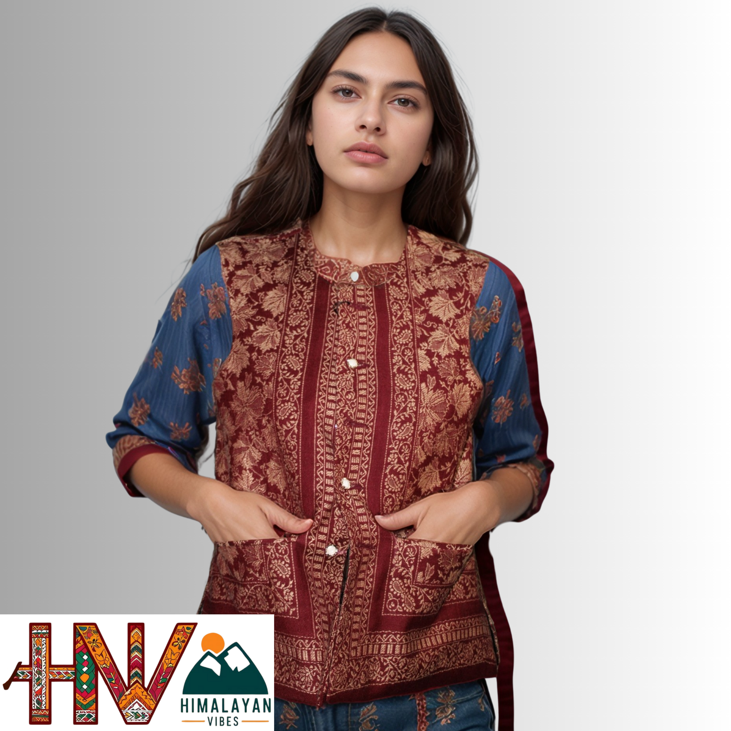 Women Pashmina Blend Red Color Himachali Sadri with Leaf pattern – Traditional Waistcoat by Himalayan Vibes