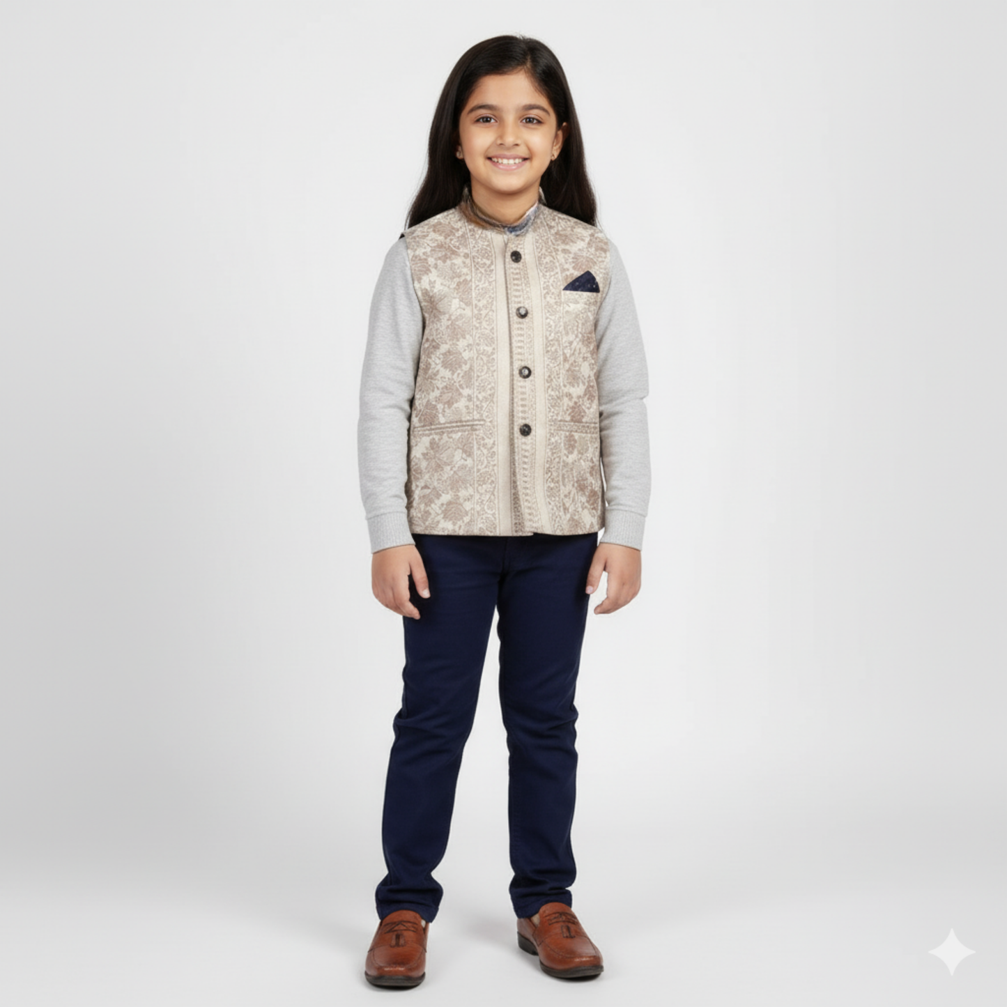 Authentic Mother-Daughter White Shawl Fabric Sadri Combo with Leaf pattern | Matching Floral Handloom Himachali Nehru Jacket Set