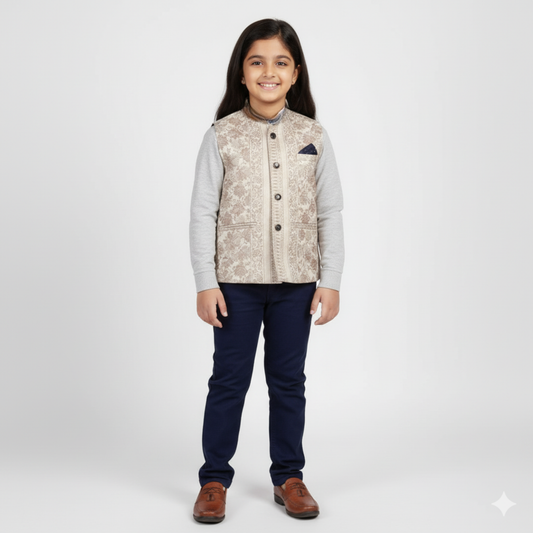 Kids Shawl White Color Himachali Sadri with Leaf pattern – Traditional Waistcoat by Himalayan Vibes