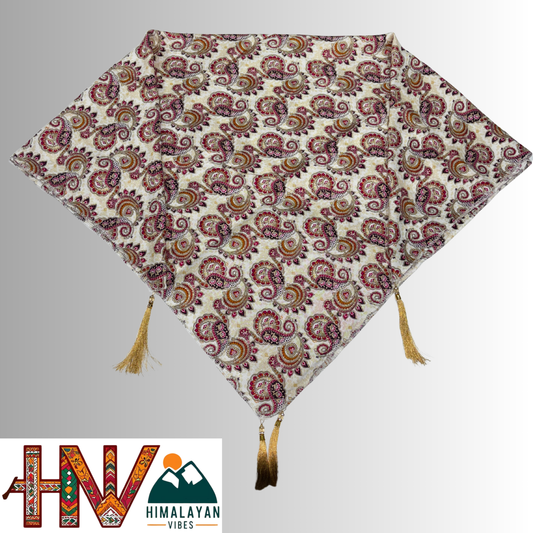 Himachali Dhatu Traditional Rayon Headscarf – Elegant Red & Maroon Paisley Print with Golden Tassels