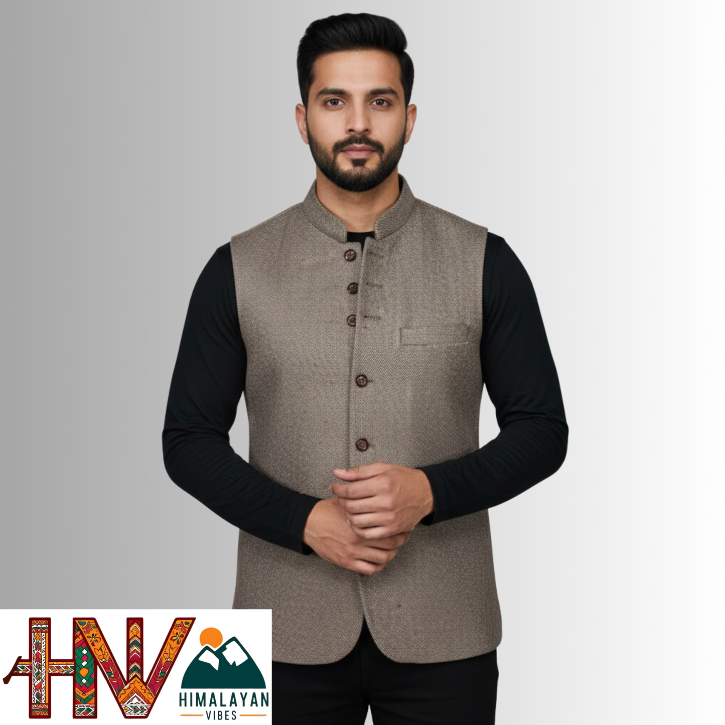 Handcrafted Taupe Brown Woolen Jacket for Men | Traditional Himachali Craft | Stylish Winter & Formal Wear