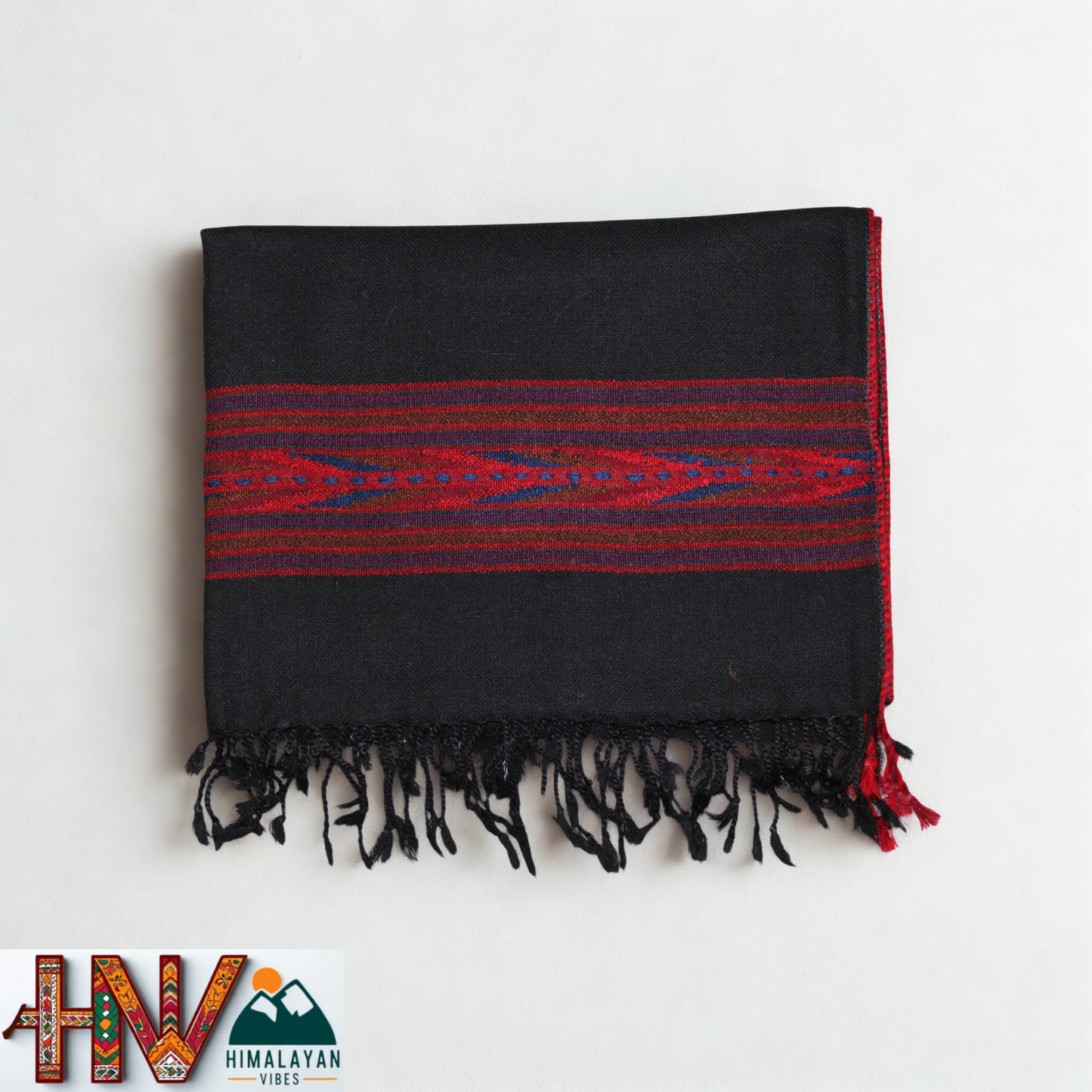 Handwoven Himalayan Black Wool Stole – Red & Blue Striped with Geometric Motif Border