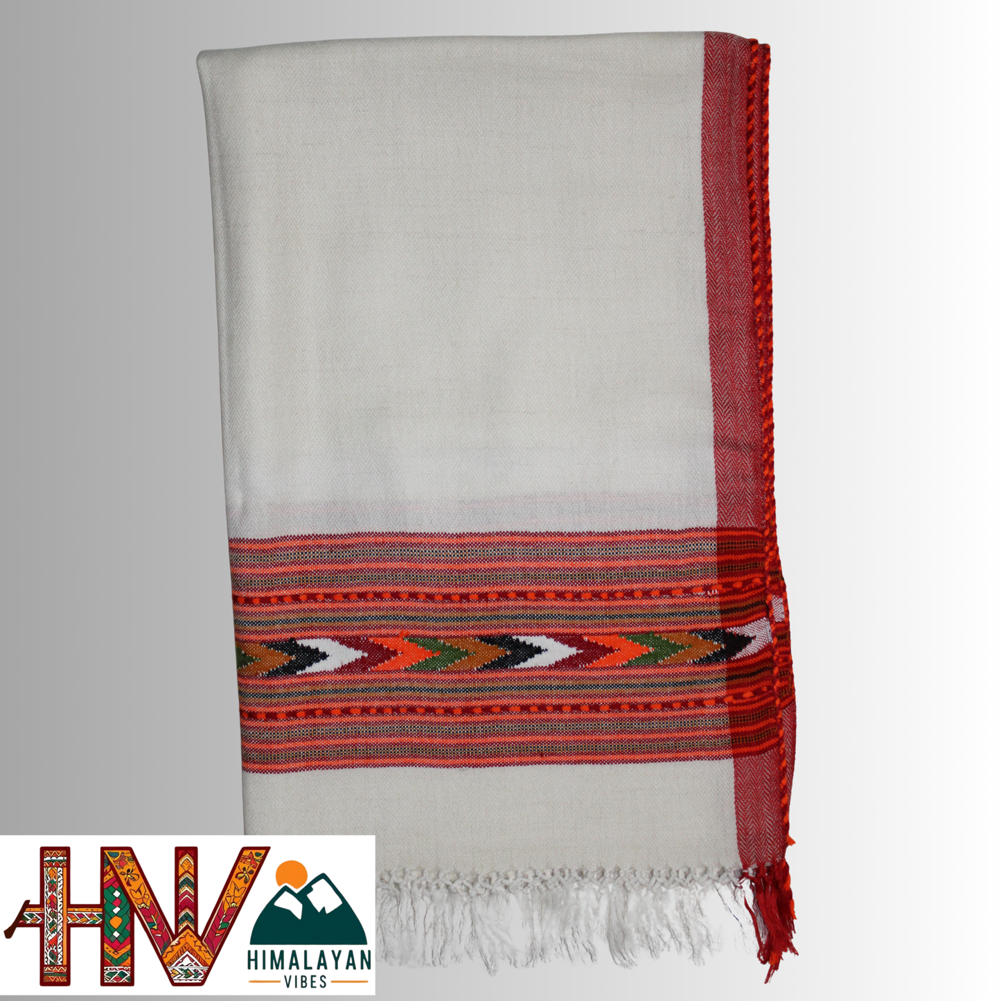 Handwoven Off-White Kullu Woolen Stole with Traditional Kullu Patti Design and Red Border– Handwoven Elegance By Himalayan Vibes
