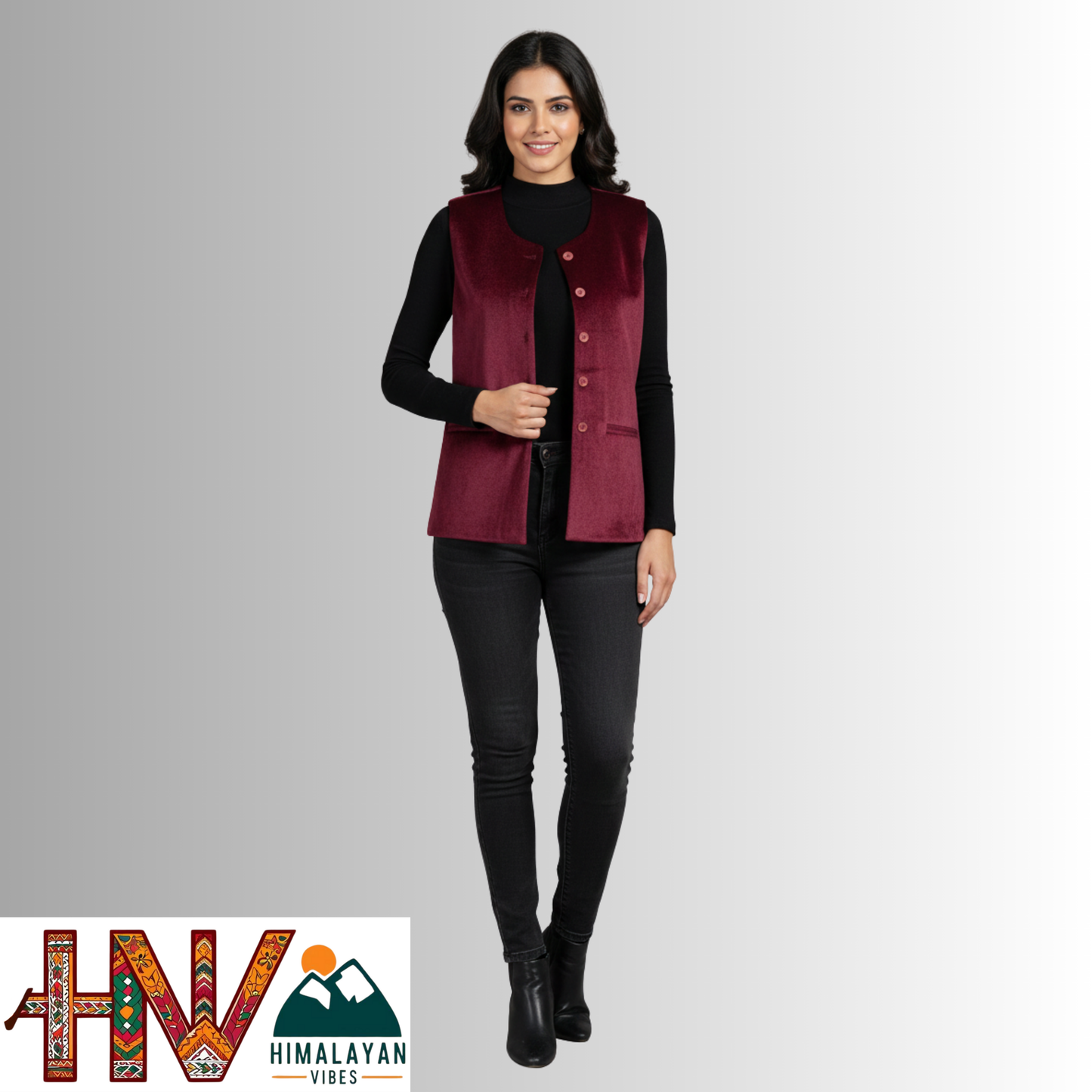 Himachali Plain Wine red Sadri for Women - Martin Fabric Ethnic Half Jacket with Pockets