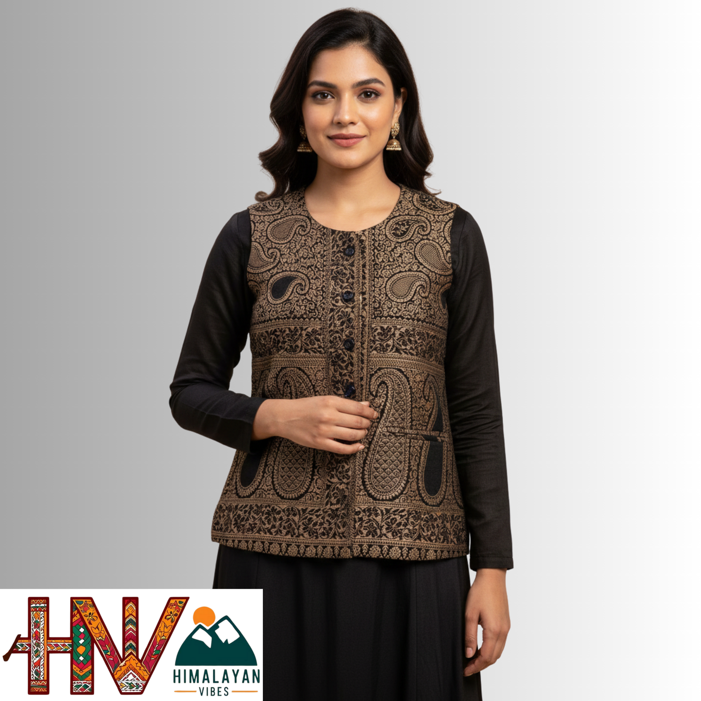 Women Shawl Black Color Himachali Sadri with dense floral pattern – Traditional Waistcoat by Himalayan Vibes