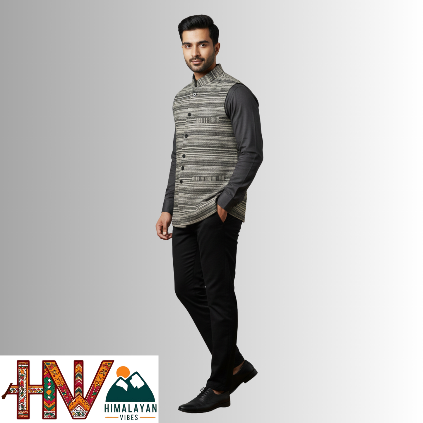 Handcrafted Himalayan Vibes Stone grey Woolen Nehru Jacket for Men | Traditional Himachali Craft | Stylish Winter & Formal Wear