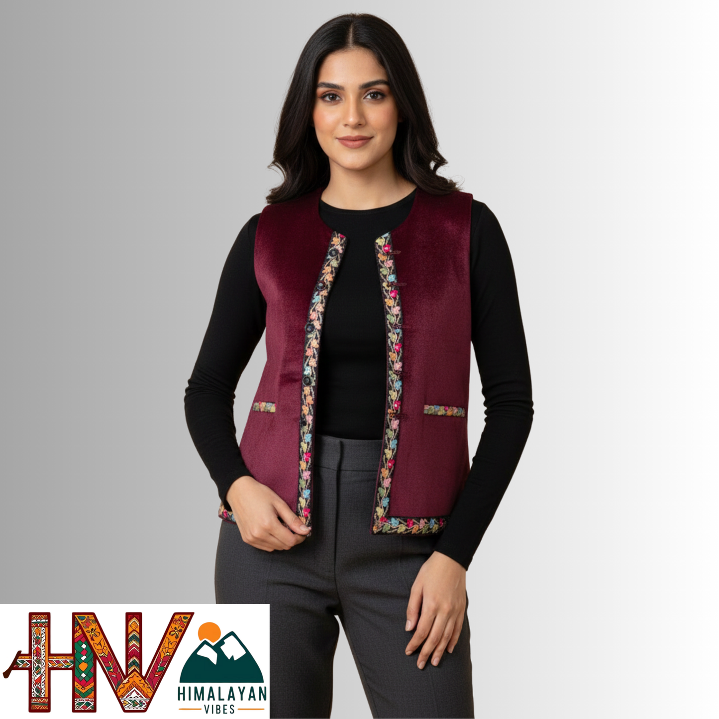 Himachali Maroon Sadri with embroidered Lace for Women - Martin Fabric Ethnic Half Jacket with Pockets