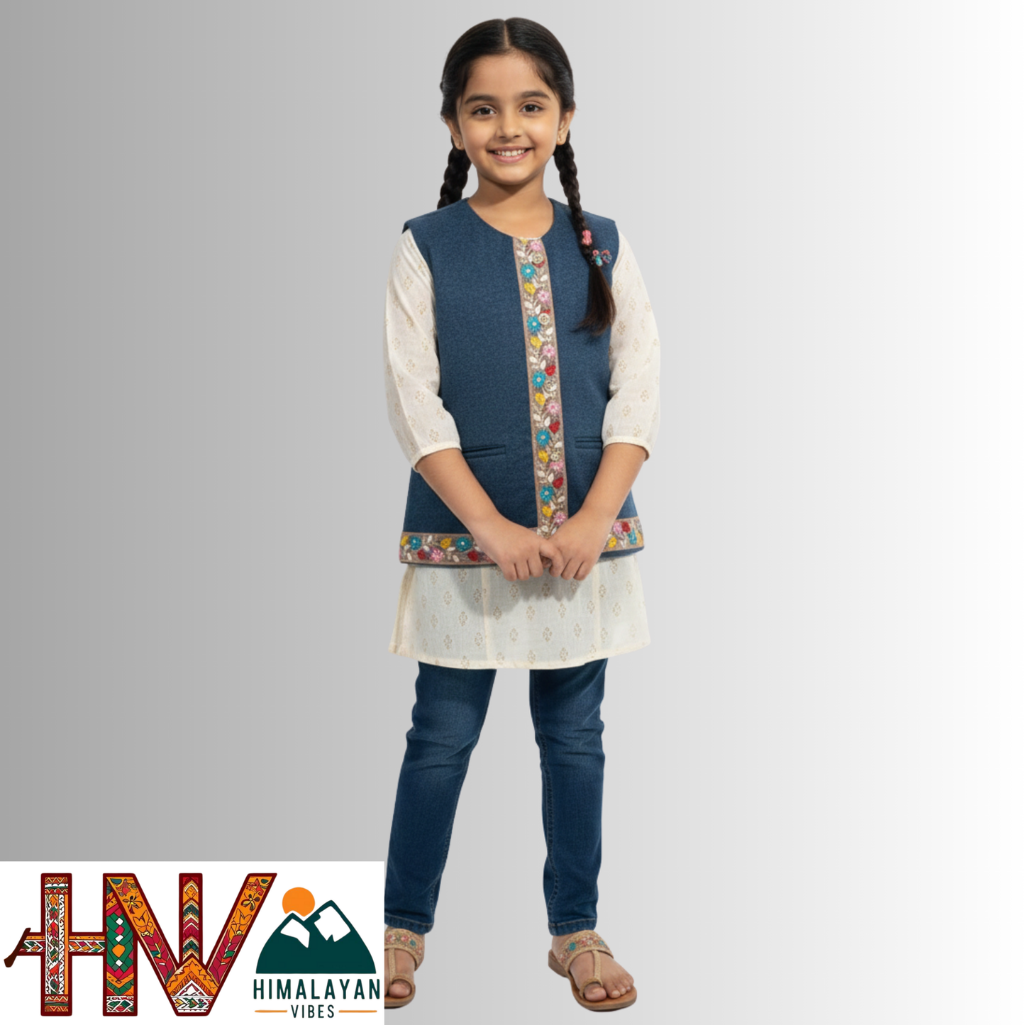 Girls Sleeveless Navy Blue Woolen Sadri Jacket in Martin Fabric – Himachali Handcrafted Ethnic Wear with Colorful Floral Embroidery