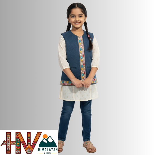 Girls Sleeveless Navy Blue Woolen Sadri Jacket in Martin Fabric – Himachali Handcrafted Ethnic Wear with Colorful Floral Embroidery