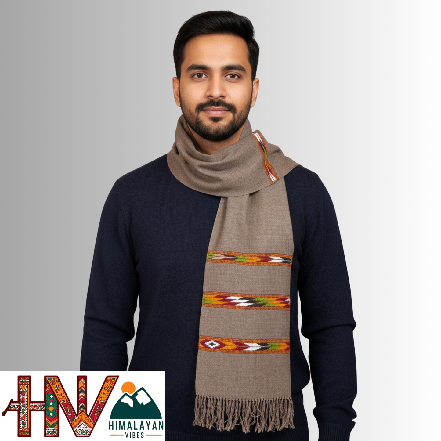 Handwoven Grey Woolen Muffler | Triple Kullu Patti Traditional Geometric Design By Himalayan Vibes