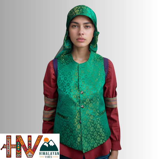 Himalayan Vibes Dark Green Brocade Sadri and Dhatu Combo