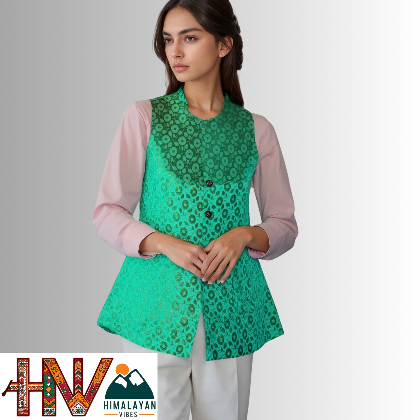 Himalayan Vibes Dark Green Brocade Sadri and Dhatu Combo
