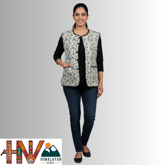 Reversible Chocolate Brown & Sage Floral Sadri for Women – Dual Look Ethnic Waistcoat | Floral & Solid Textured Design by Himalayan Vibes