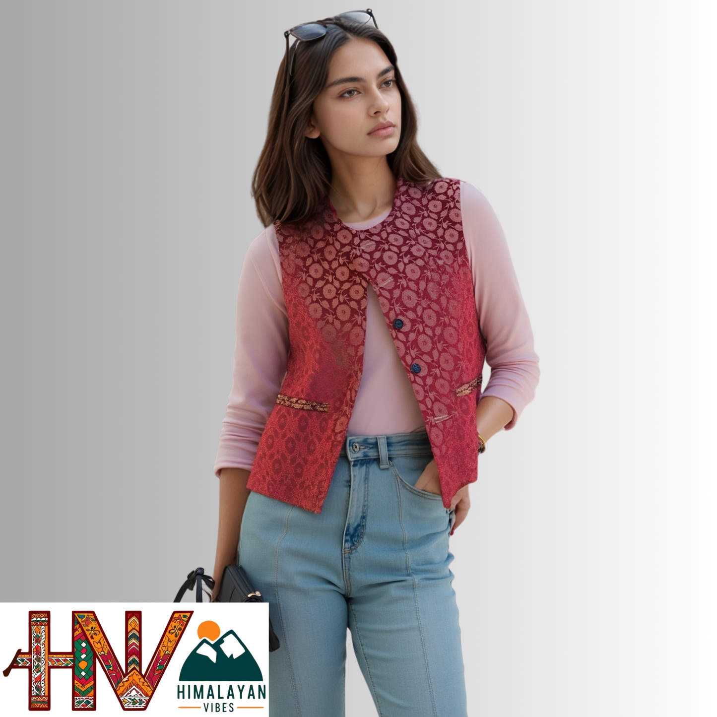 Himalayan Vibes Red Brocade Sadri and Dhatu Combo.