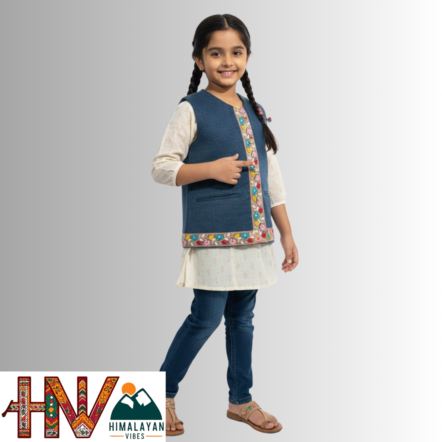 Girls Sleeveless Navy Blue Woolen Sadri Jacket in Martin Fabric – Himachali Handcrafted Ethnic Wear with Colorful Floral Embroidery